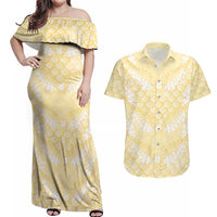 Pastel Yellow Mermaid Puakenikeni Maile Lei Couples Matching Off Shoulder Maxi Dress and Hawaiian Shirt LT01 Yellow - Polynesian Pride
