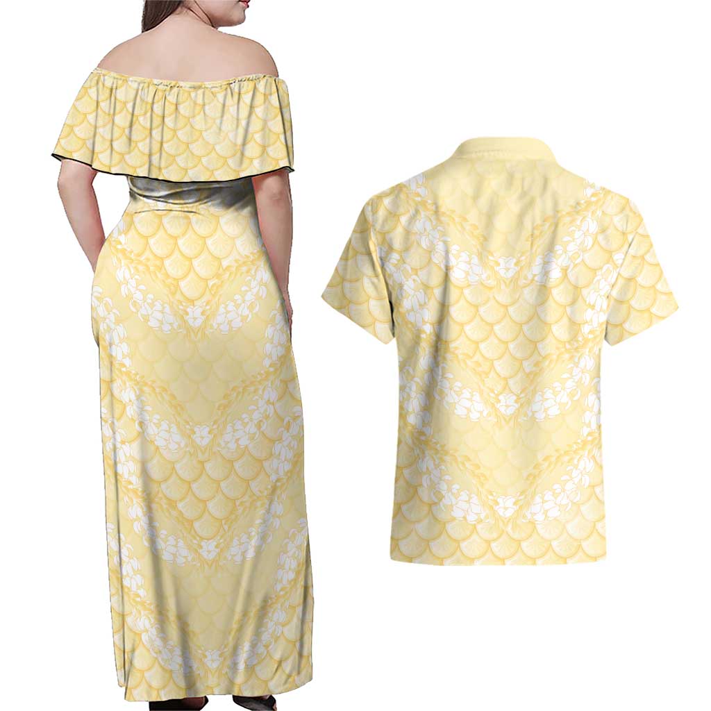 Pastel Yellow Mermaid Puakenikeni Maile Lei Couples Matching Off Shoulder Maxi Dress and Hawaiian Shirt LT01 - Polynesian Pride