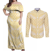 Pastel Yellow Mermaid Puakenikeni Maile Lei Couples Matching Off Shoulder Maxi Dress and Long Sleeve Button Shirt LT01 Yellow - Polynesian Pride