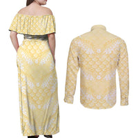 Pastel Yellow Mermaid Puakenikeni Maile Lei Couples Matching Off Shoulder Maxi Dress and Long Sleeve Button Shirt LT01 - Polynesian Pride