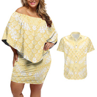 Pastel Yellow Mermaid Puakenikeni Maile Lei Couples Matching Off Shoulder Short Dress and Hawaiian Shirt LT01 Yellow - Polynesian Pride