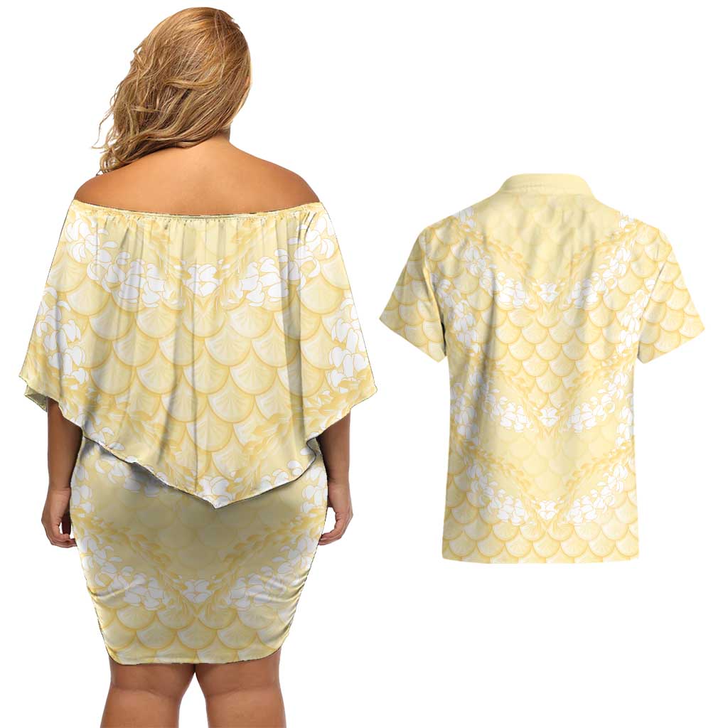 Pastel Yellow Mermaid Puakenikeni Maile Lei Couples Matching Off Shoulder Short Dress and Hawaiian Shirt LT01 - Polynesian Pride