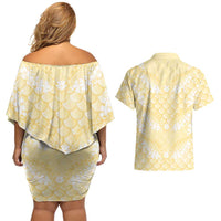 Pastel Yellow Mermaid Puakenikeni Maile Lei Couples Matching Off Shoulder Short Dress and Hawaiian Shirt LT01 - Polynesian Pride