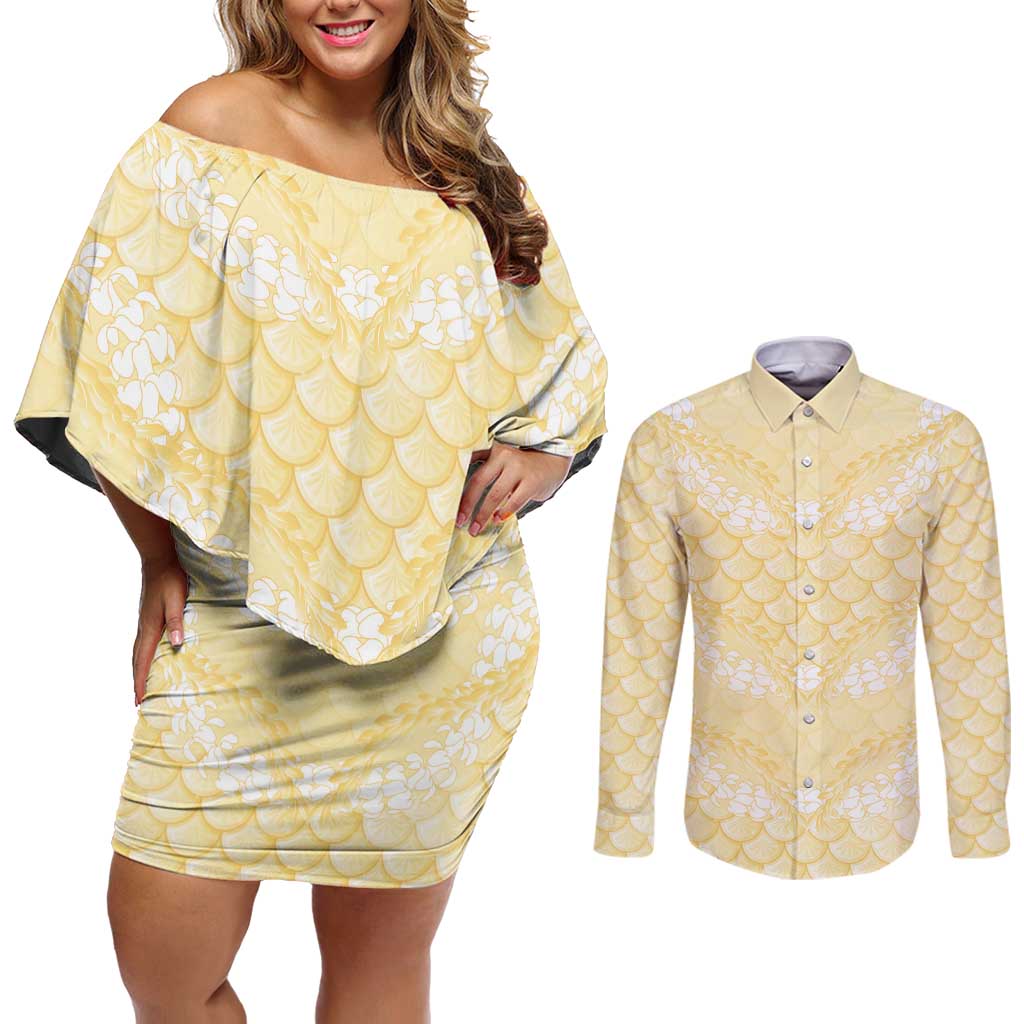 Pastel Yellow Mermaid Puakenikeni Maile Lei Couples Matching Off Shoulder Short Dress and Long Sleeve Button Shirt LT01 Yellow - Polynesian Pride