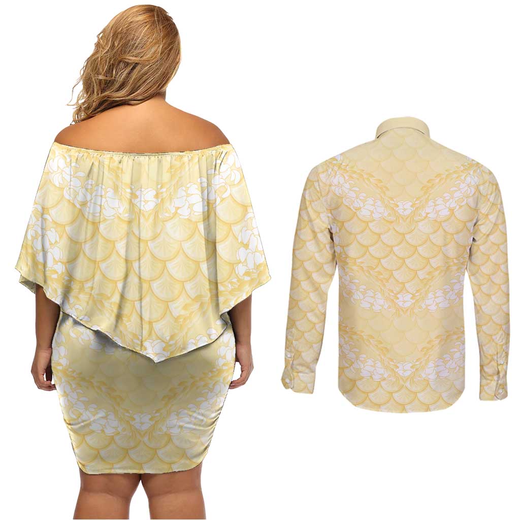 Pastel Yellow Mermaid Puakenikeni Maile Lei Couples Matching Off Shoulder Short Dress and Long Sleeve Button Shirt LT01 - Polynesian Pride