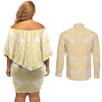 Pastel Yellow Mermaid Puakenikeni Maile Lei Couples Matching Off Shoulder Short Dress and Long Sleeve Button Shirt LT01 - Polynesian Pride