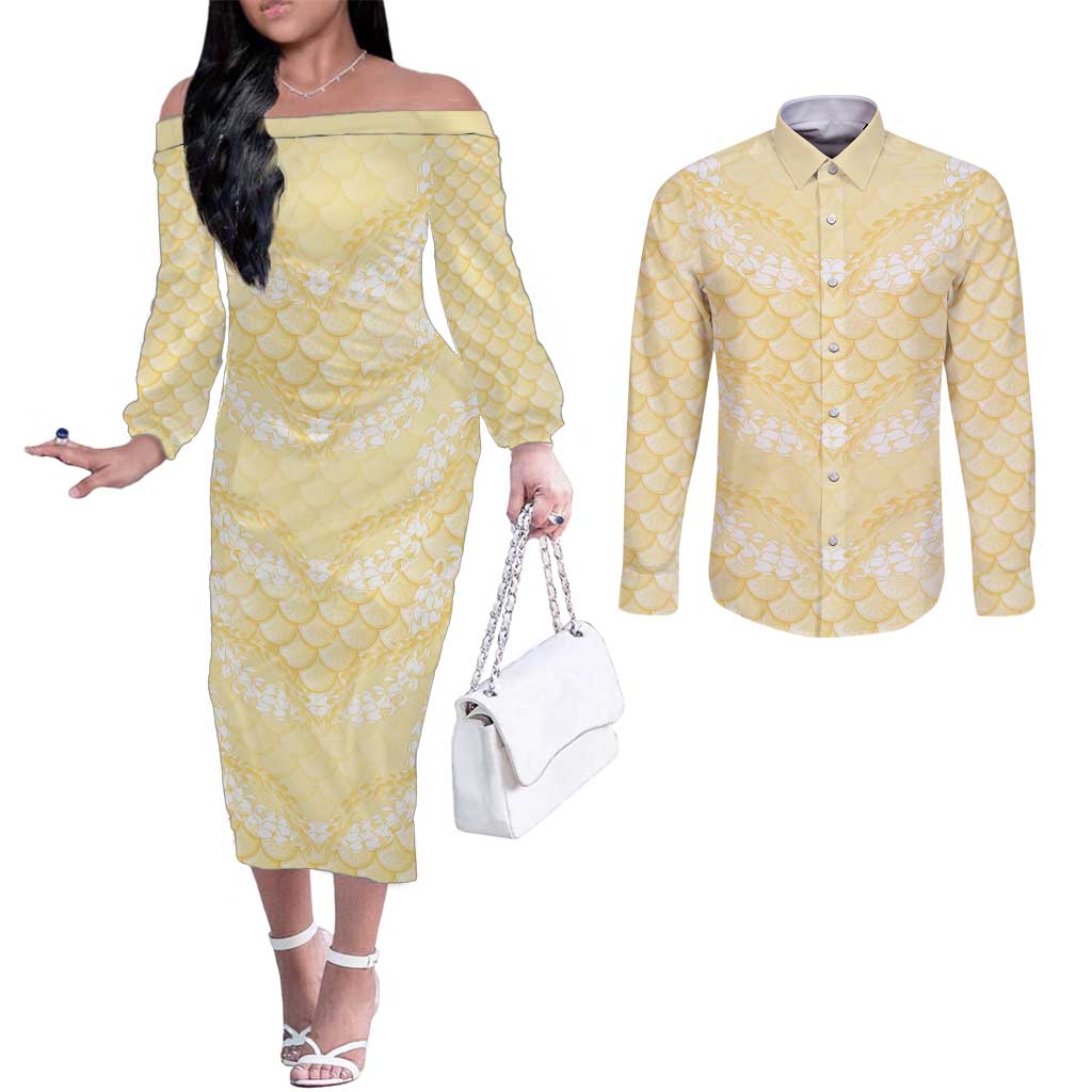 Pastel Yellow Mermaid Puakenikeni Maile Lei Couples Matching Off The Shoulder Long Sleeve Dress and Long Sleeve Button Shirt LT01 Yellow - Polynesian Pride