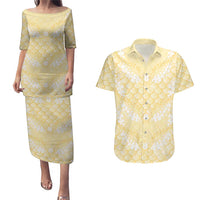 Pastel Yellow Mermaid Puakenikeni Maile Lei Couples Matching Puletasi and Hawaiian Shirt LT01 Yellow - Polynesian Pride