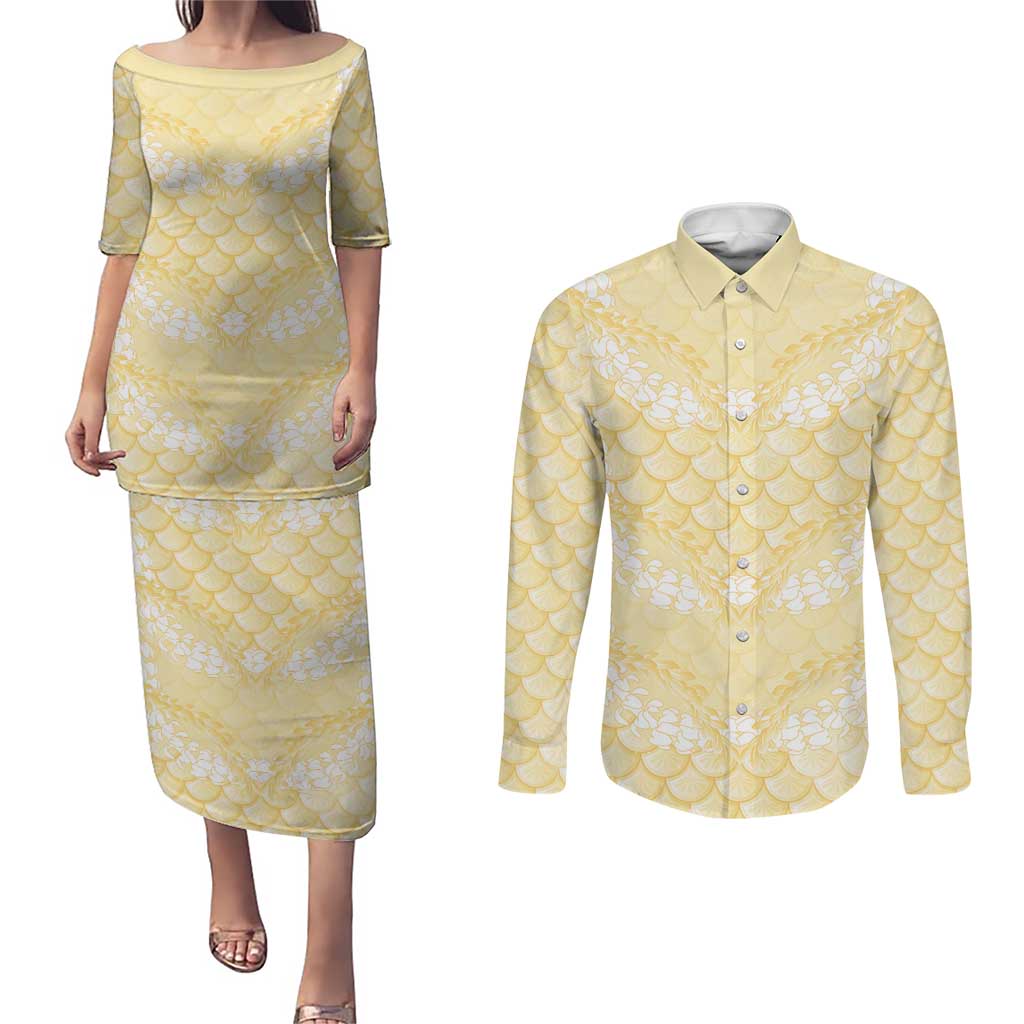Pastel Yellow Mermaid Puakenikeni Maile Lei Couples Matching Puletasi and Long Sleeve Button Shirt LT01 Yellow - Polynesian Pride