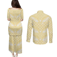 Pastel Yellow Mermaid Puakenikeni Maile Lei Couples Matching Puletasi and Long Sleeve Button Shirt LT01 - Polynesian Pride