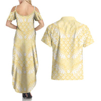 Pastel Yellow Mermaid Puakenikeni Maile Lei Couples Matching Summer Maxi Dress and Hawaiian Shirt LT01 - Polynesian Pride
