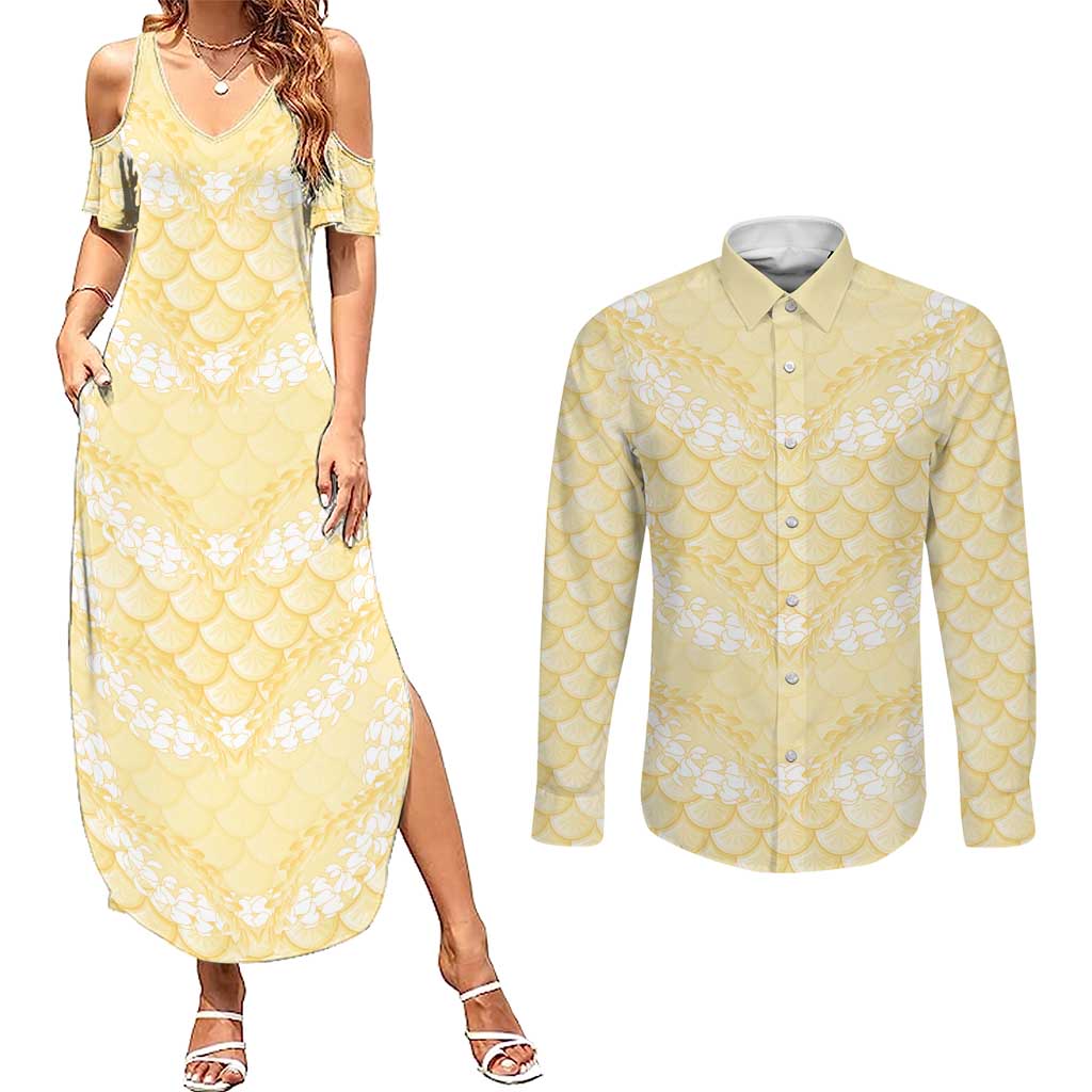 Pastel Yellow Mermaid Puakenikeni Maile Lei Couples Matching Summer Maxi Dress and Long Sleeve Button Shirt LT01 Yellow - Polynesian Pride