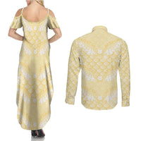 Pastel Yellow Mermaid Puakenikeni Maile Lei Couples Matching Summer Maxi Dress and Long Sleeve Button Shirt LT01 - Polynesian Pride