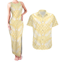Pastel Yellow Mermaid Puakenikeni Maile Lei Couples Matching Tank Maxi Dress and Hawaiian Shirt LT01 Yellow - Polynesian Pride