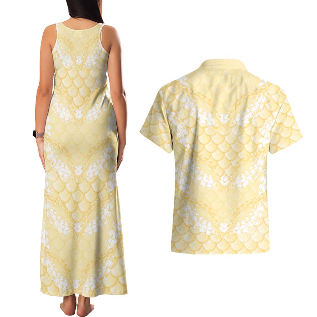 Pastel Yellow Mermaid Puakenikeni Maile Lei Couples Matching Tank Maxi Dress and Hawaiian Shirt LT01 - Polynesian Pride