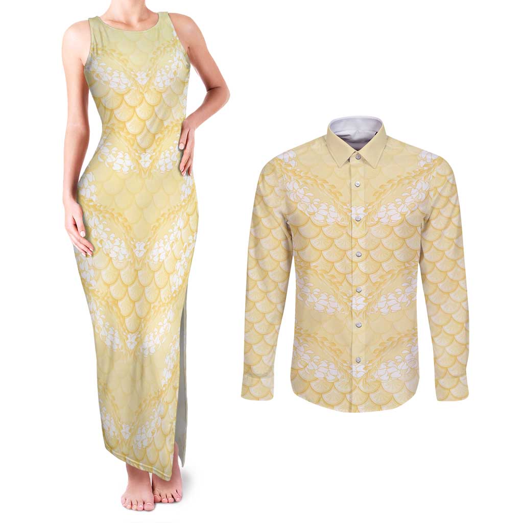 Pastel Yellow Mermaid Puakenikeni Maile Lei Couples Matching Tank Maxi Dress and Long Sleeve Button Shirt LT01 Yellow - Polynesian Pride