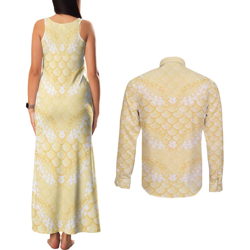 Pastel Yellow Mermaid Puakenikeni Maile Lei Couples Matching Tank Maxi Dress and Long Sleeve Button Shirt LT01 - Polynesian Pride