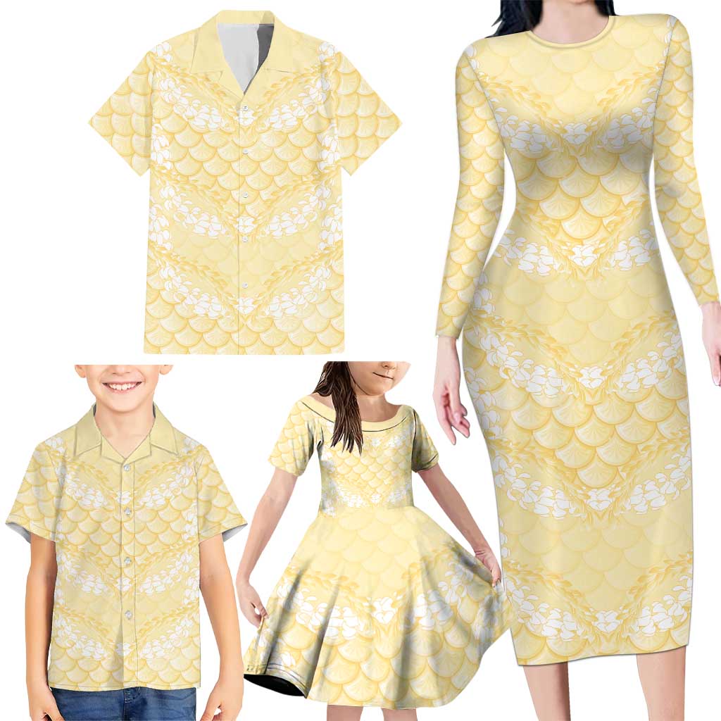 Pastel Yellow Mermaid Puakenikeni Maile Lei Family Matching Long Sleeve Bodycon Dress and Hawaiian Shirt