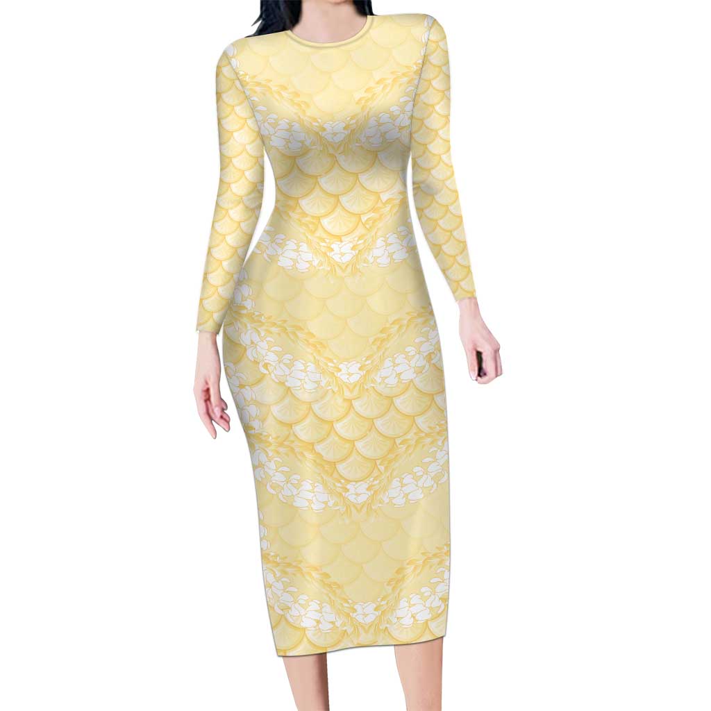 Pastel Yellow Mermaid Puakenikeni Maile Lei Family Matching Long Sleeve Bodycon Dress and Hawaiian Shirt LT01 Mom's Dress Yellow - Polynesian Pride
