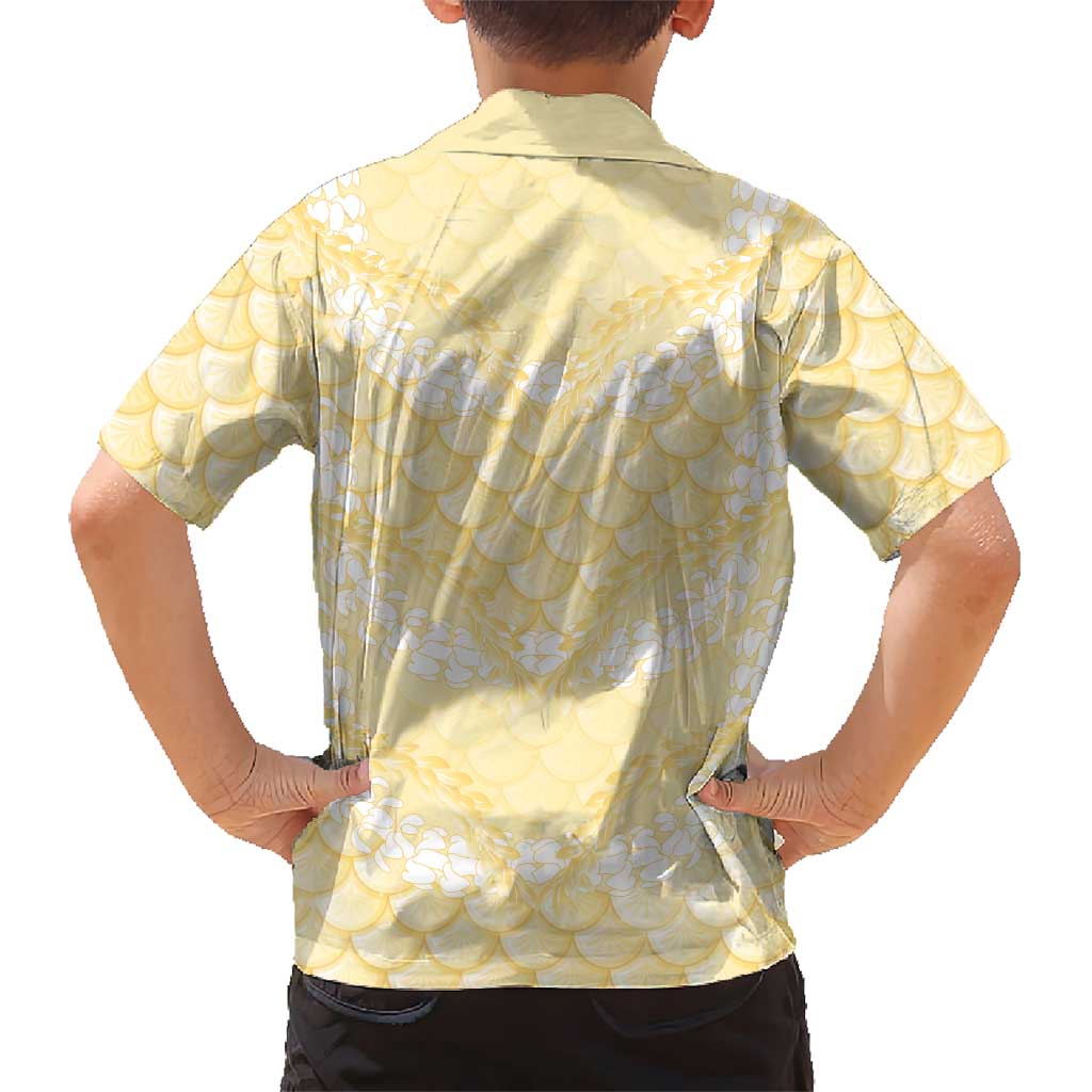 Pastel Yellow Mermaid Puakenikeni Maile Lei Family Matching Off The Shoulder Long Sleeve Dress and Hawaiian Shirt LT01 - Polynesian Pride