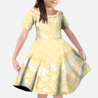 Pastel Yellow Mermaid Puakenikeni Maile Lei Family Matching Off The Shoulder Long Sleeve Dress and Hawaiian Shirt LT01 Daughter's Dress Yellow - Polynesian Pride