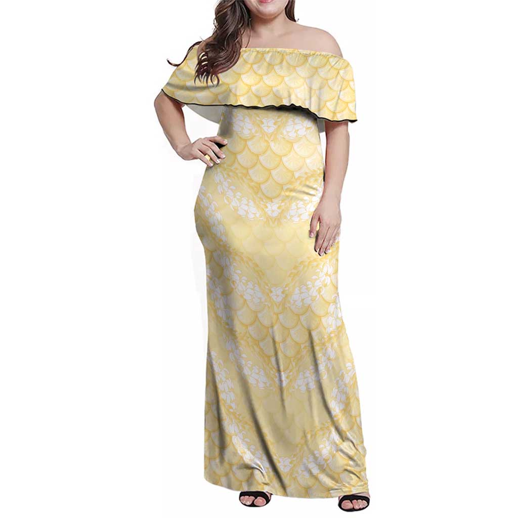 Pastel Yellow Mermaid Puakenikeni Maile Lei Family Matching Off Shoulder Maxi Dress and Hawaiian Shirt LT01 Mom's Dress Yellow - Polynesian Pride