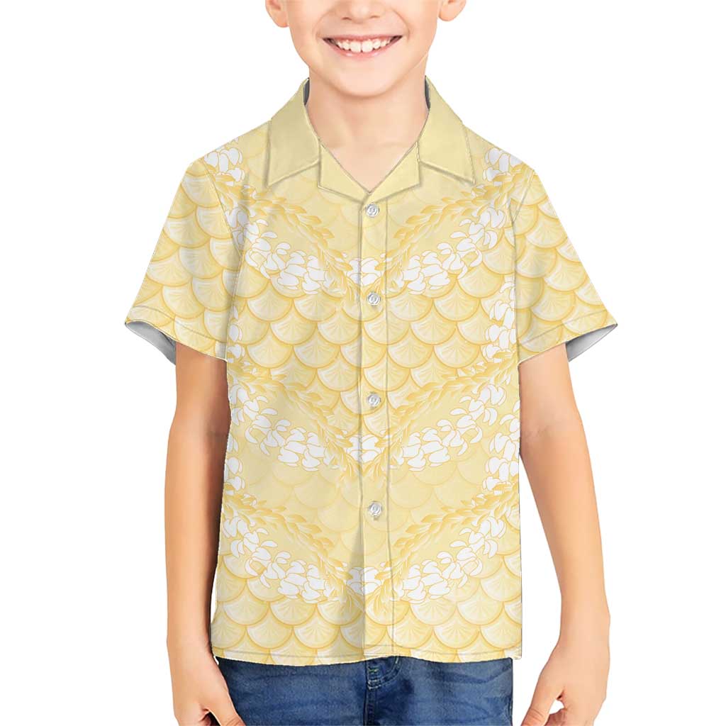 Pastel Yellow Mermaid Puakenikeni Maile Lei Family Matching Off Shoulder Maxi Dress and Hawaiian Shirt LT01 Son's Shirt Yellow - Polynesian Pride