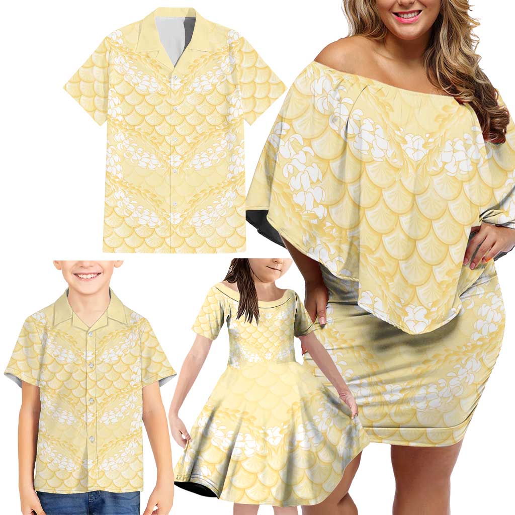 Pastel Yellow Mermaid Puakenikeni Maile Lei Family Matching Off Shoulder Short Dress and Hawaiian Shirt LT01 - Polynesian Pride