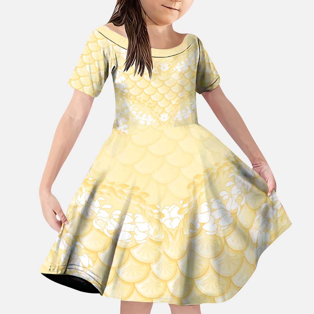 Pastel Yellow Mermaid Puakenikeni Maile Lei Family Matching Puletasi and Hawaiian Shirt LT01 Daughter's Dress Yellow - Polynesian Pride