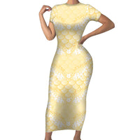 Pastel Yellow Mermaid Puakenikeni Maile Lei Family Matching Short Sleeve Bodycon Dress and Hawaiian Shirt LT01 Mom's Dress Yellow - Polynesian Pride