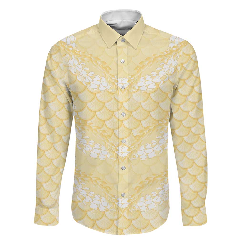 Pastel Yellow Mermaid Puakenikeni Maile Lei Family Matching Summer Maxi Dress and Hawaiian Shirt LT01 Dad's Shirt - Long Sleeve Yellow - Polynesian Pride