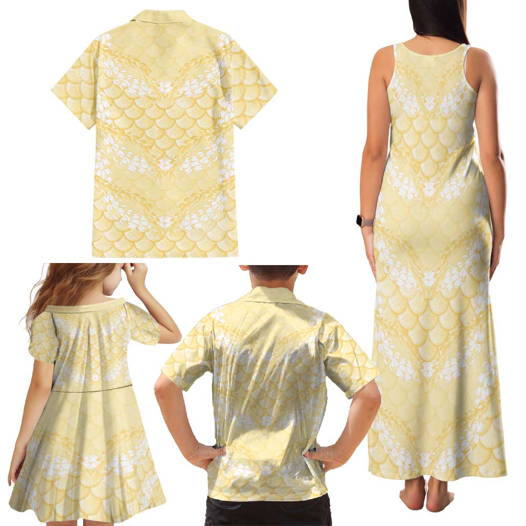 Pastel Yellow Mermaid Puakenikeni Maile Lei Family Matching Tank Maxi Dress and Hawaiian Shirt LT01 - Polynesian Pride