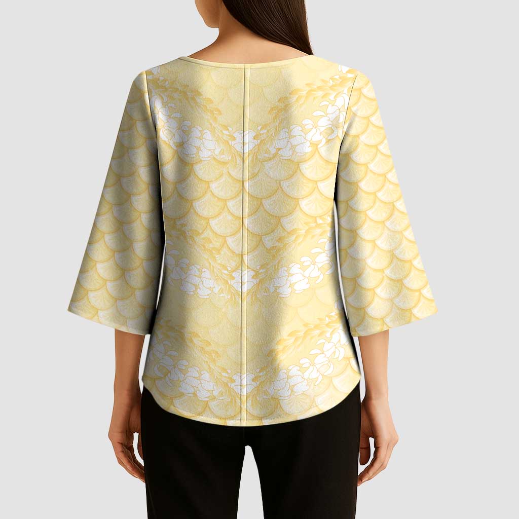 Pastel Yellow Mermaid Puakenikeni Maile Lei Kimono Sleeve Blouse