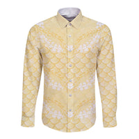Pastel Yellow Mermaid Puakenikeni Maile Lei Long Sleeve Button Shirt