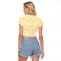 Pastel Yellow Mermaid Puakenikeni Maile Lei Raglan Cropped T Shirt