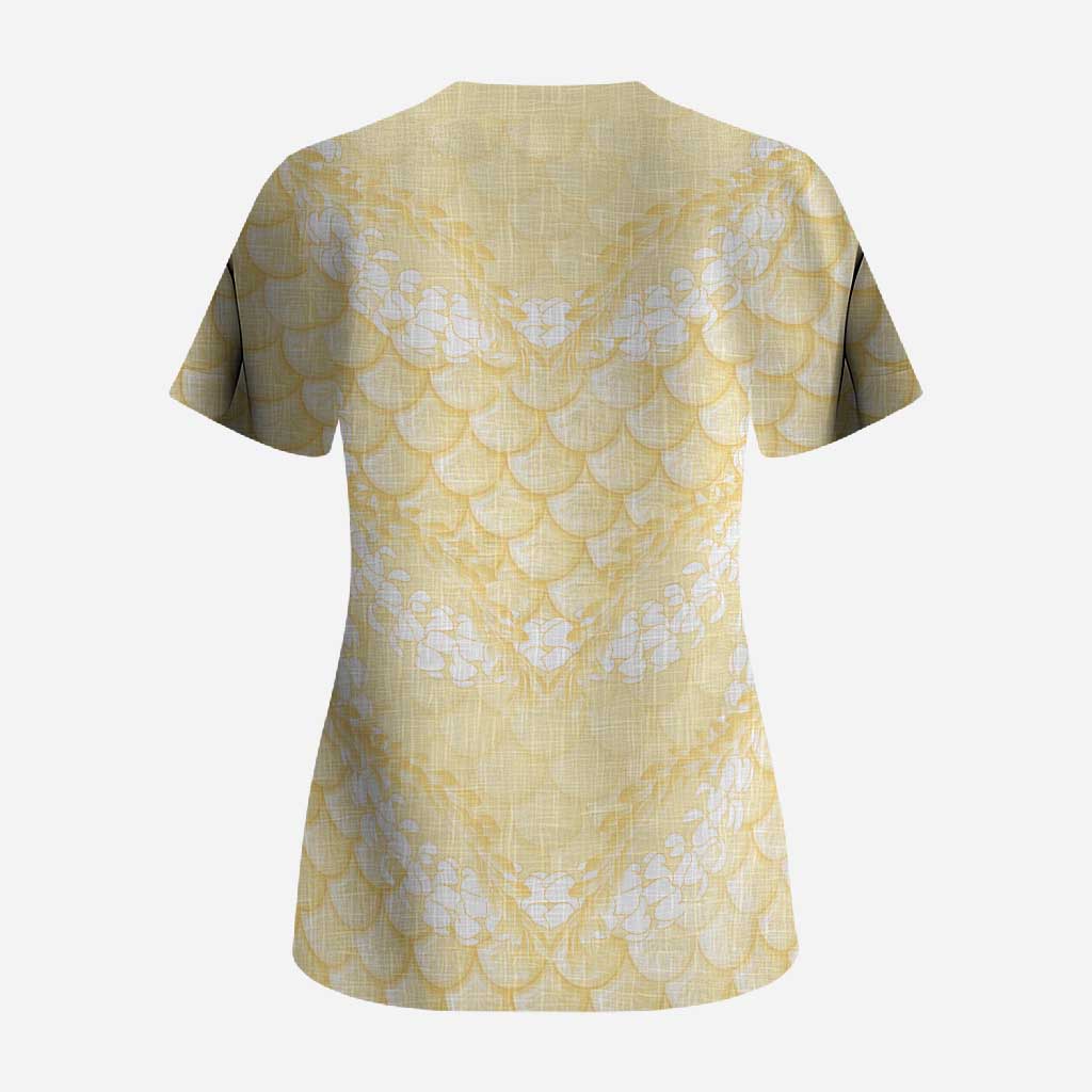 Pastel Yellow Mermaid Puakenikeni Maile Lei Scrub Top