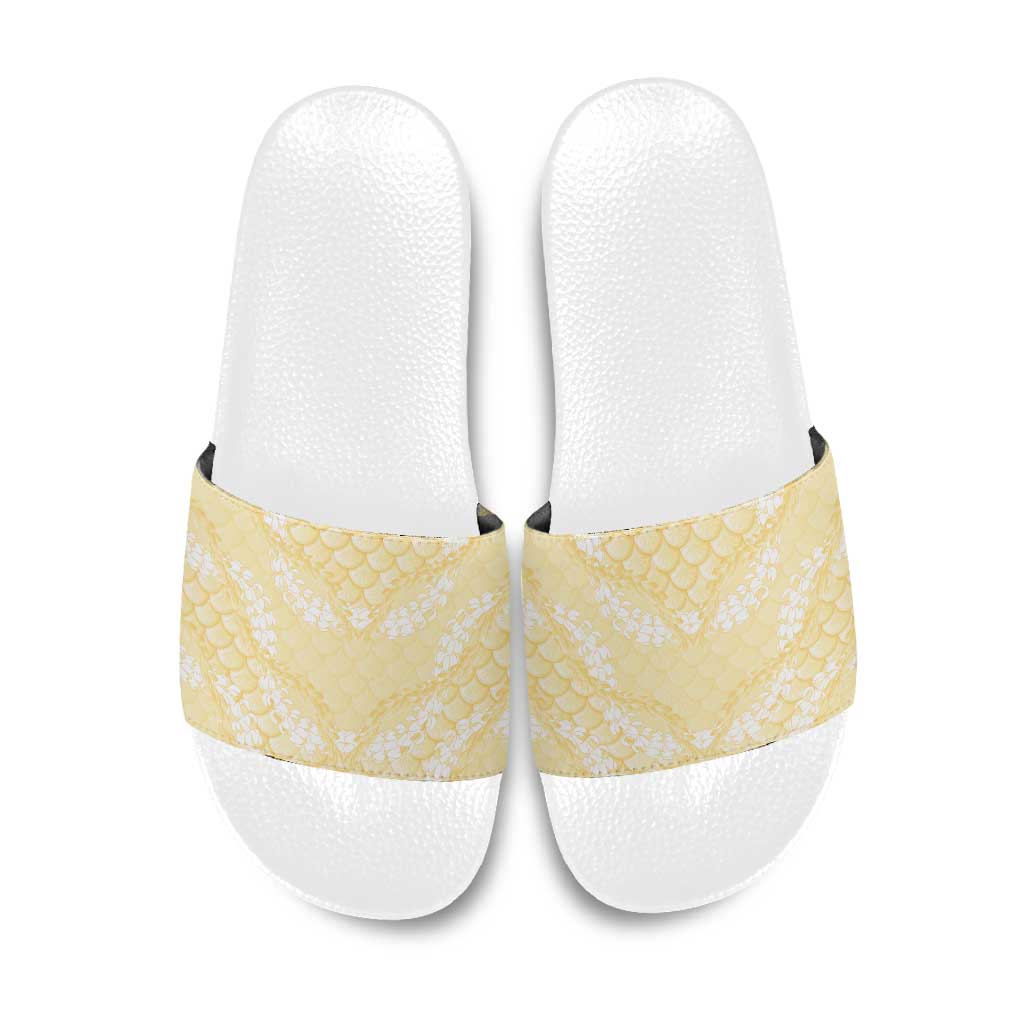 Pastel Yellow Mermaid Puakenikeni Maile Lei Slide Sandals