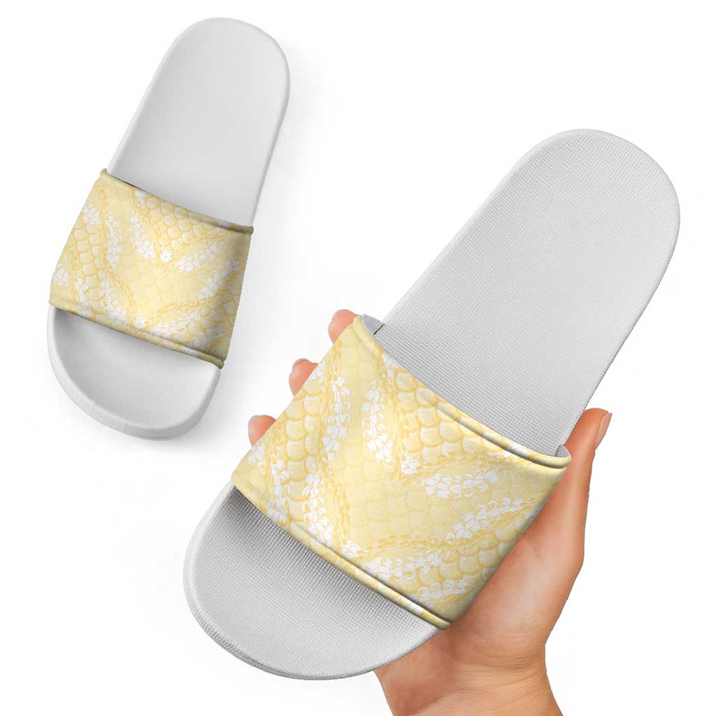 Pastel Yellow Mermaid Puakenikeni Maile Lei Slide Sandals