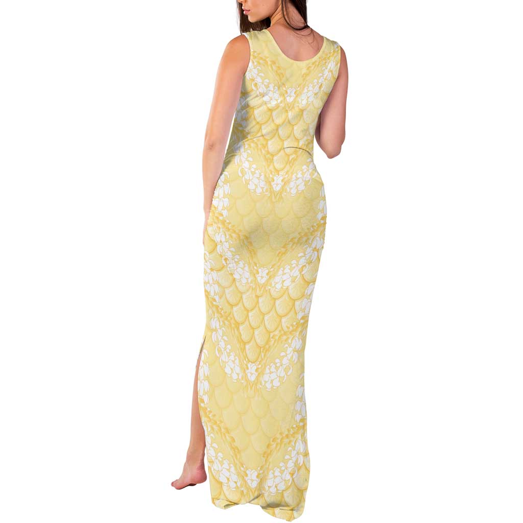 Pastel Yellow Mermaid Puakenikeni Maile Lei Tank Maxi Dress