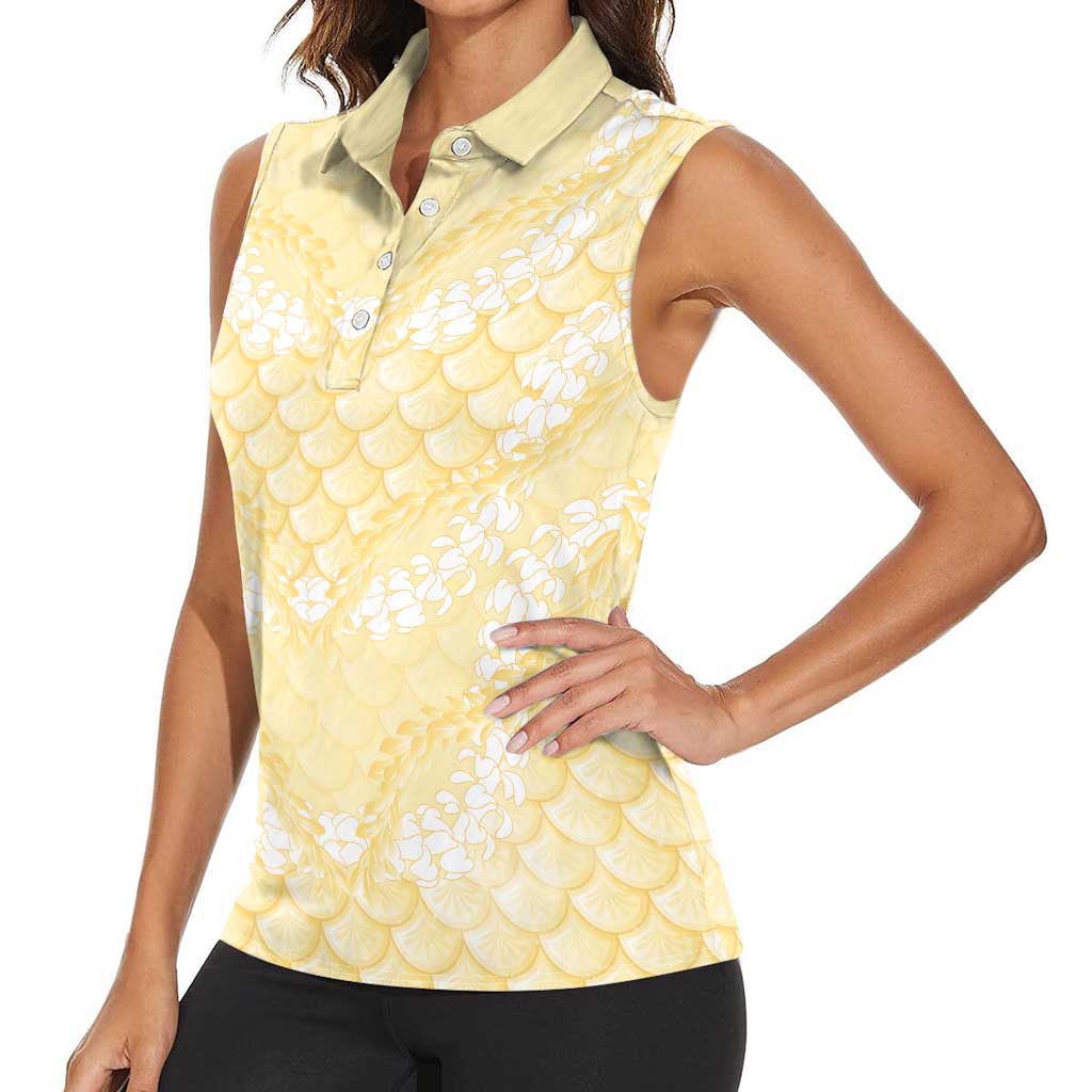 Pastel Yellow Mermaid Puakenikeni Maile Lei Women Sleeveless Polo Shirt LT01 - Polynesian Pride