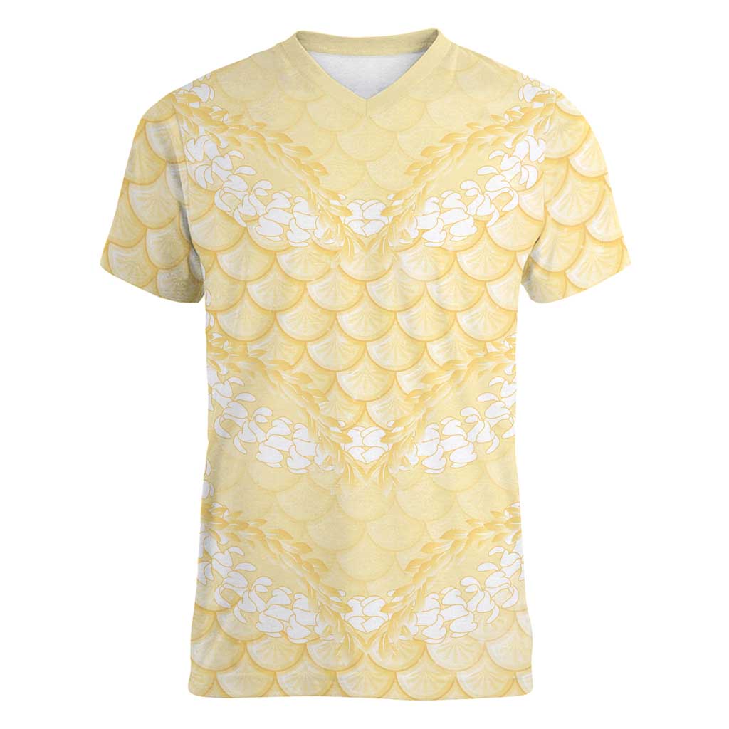 Pastel Yellow Mermaid Puakenikeni Maile Lei Women V-Neck T-Shirt LT01 Female Yellow - Polynesian Pride