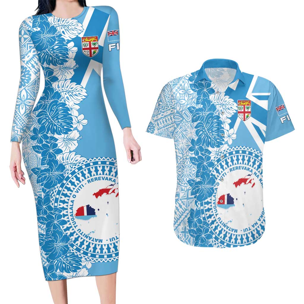 Personalised Fiji Day Couples Matching Long Sleeve Bodycon Dress and Hawaiian Shirt Fijian Map Hibiscus Tapa Pattern LT01 Blue - Polynesian Pride