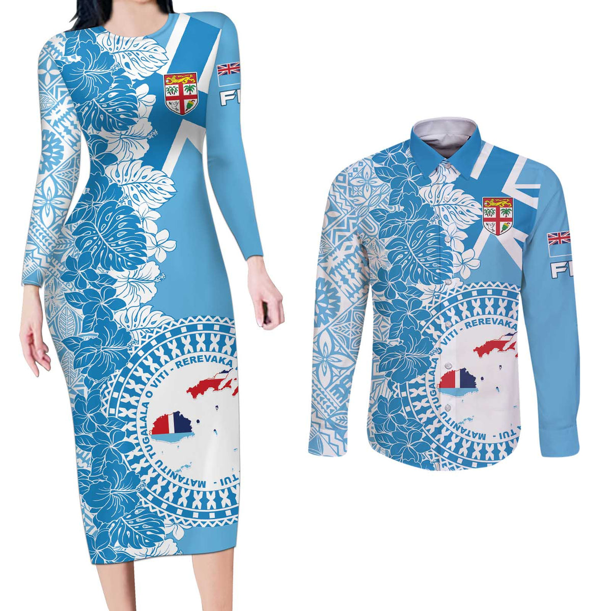 Personalised Fiji Day Couples Matching Long Sleeve Bodycon Dress and Long Sleeve Button Shirt Fijian Map Hibiscus Tapa Pattern LT01 Blue - Polynesian Pride