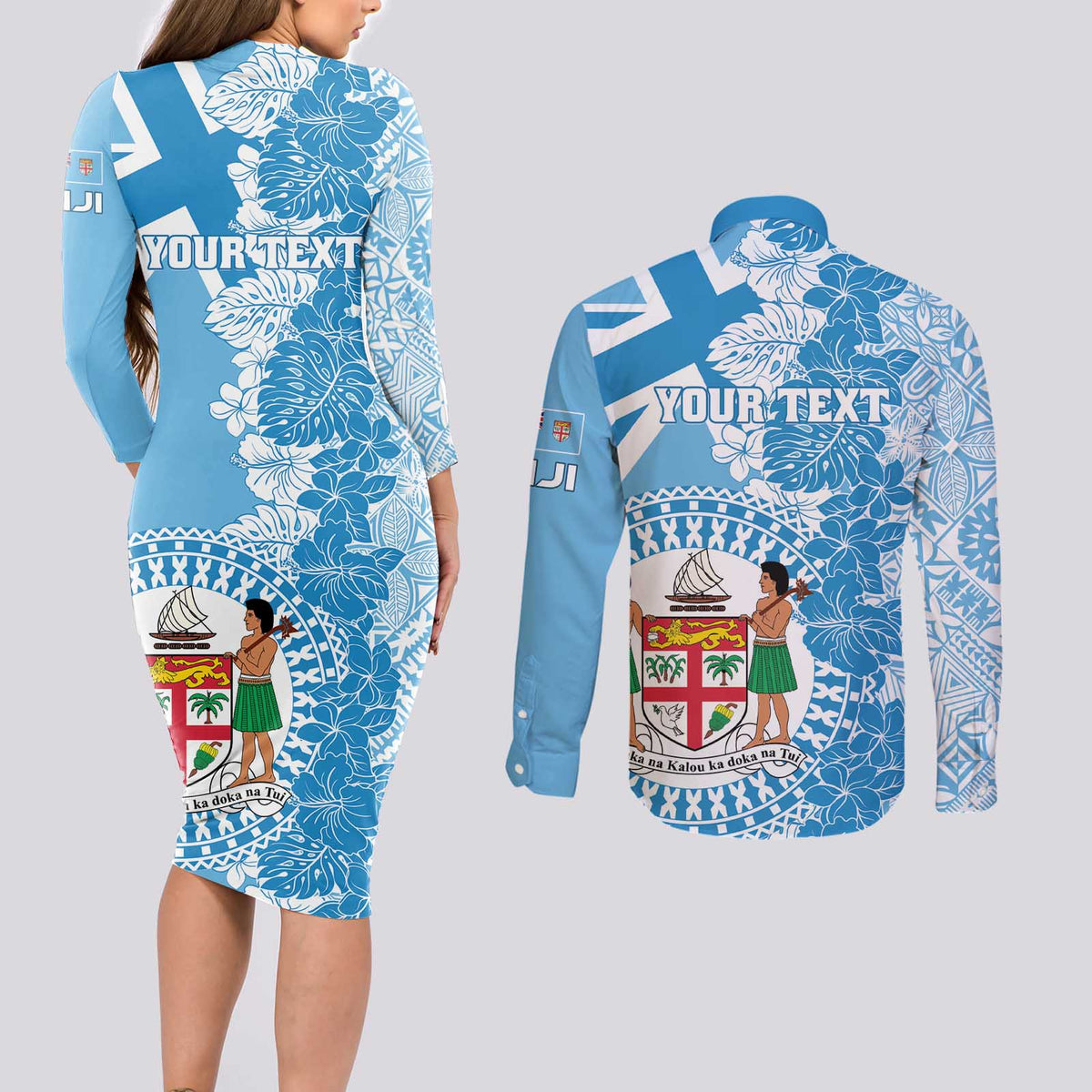 Personalised Fiji Day Couples Matching Long Sleeve Bodycon Dress and Long Sleeve Button Shirt Fijian Map Hibiscus Tapa Pattern LT01 - Polynesian Pride