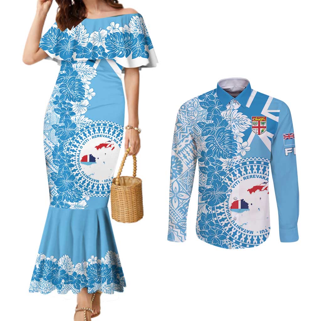 Personalised Fiji Day Couples Matching Mermaid Dress and Long Sleeve Button Shirt Fijian Map Hibiscus Tapa Pattern LT01 Blue - Polynesian Pride