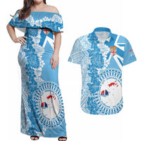 Personalised Fiji Day Couples Matching Off Shoulder Maxi Dress and Hawaiian Shirt Fijian Map Hibiscus Tapa Pattern LT01 Blue - Polynesian Pride