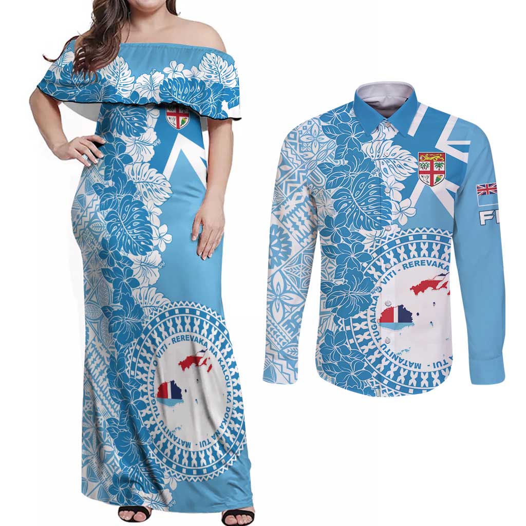 Personalised Fiji Day Couples Matching Off Shoulder Maxi Dress and Long Sleeve Button Shirt Fijian Map Hibiscus Tapa Pattern LT01 Blue - Polynesian Pride