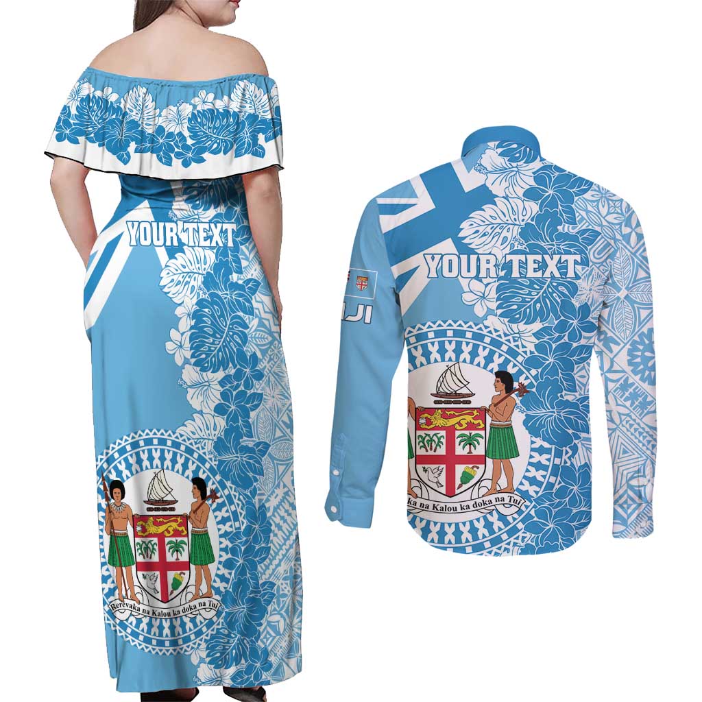 Personalised Fiji Day Couples Matching Off Shoulder Maxi Dress and Long Sleeve Button Shirt Fijian Map Hibiscus Tapa Pattern LT01 - Polynesian Pride