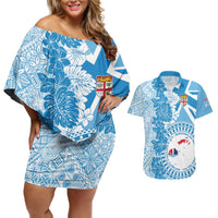 Personalised Fiji Day Couples Matching Off Shoulder Short Dress and Hawaiian Shirt Fijian Map Hibiscus Tapa Pattern LT01 Blue - Polynesian Pride