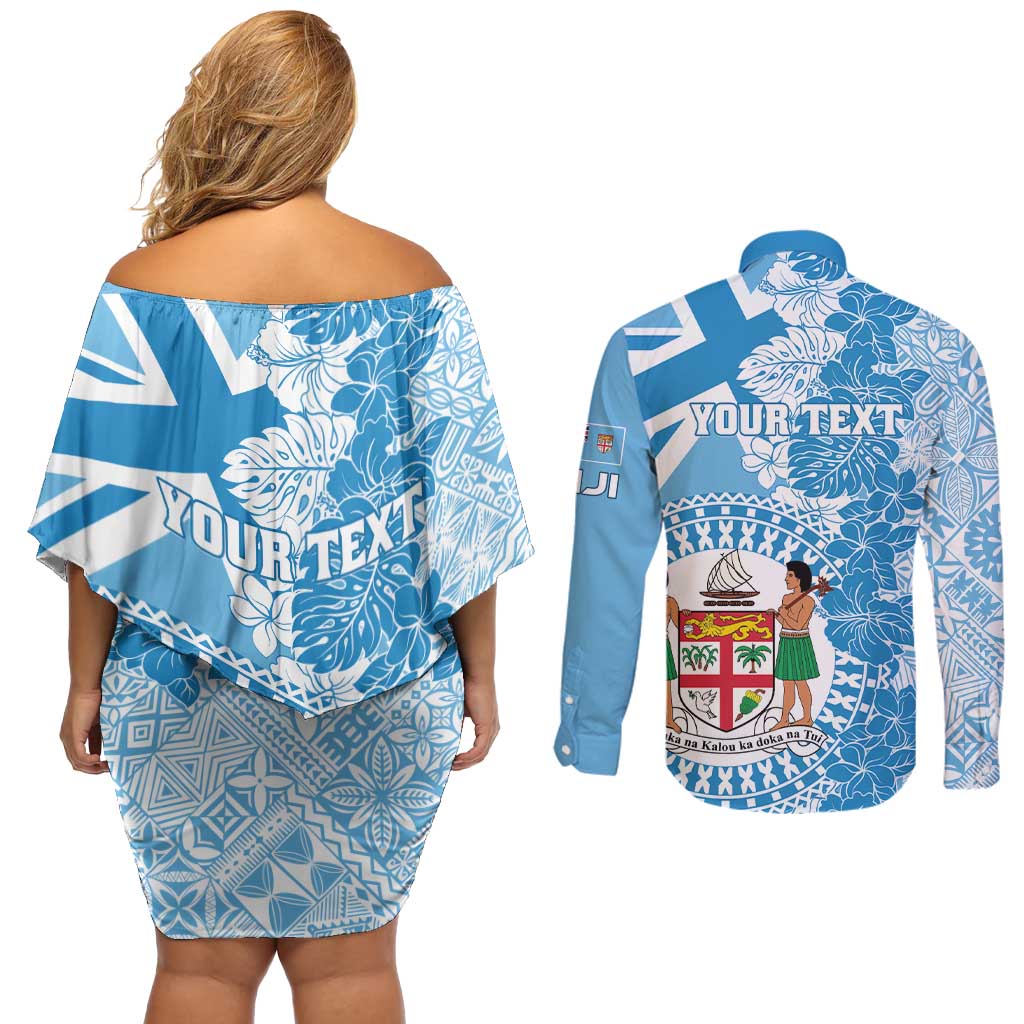 Personalised Fiji Day Couples Matching Off Shoulder Short Dress and Long Sleeve Button Shirt Fijian Map Hibiscus Tapa Pattern LT01 - Polynesian Pride